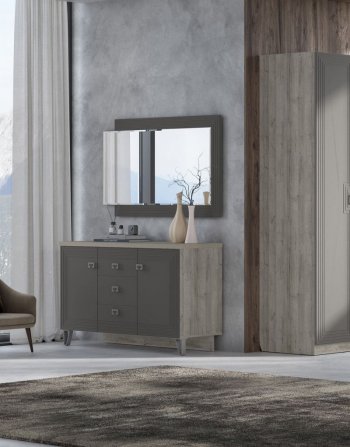 Комод 2дв, 3ящ Лежер КМ-3103 дуб серый/холст вулканический(СанТан) в Полевском - polevskoj.mebel-e96.ru